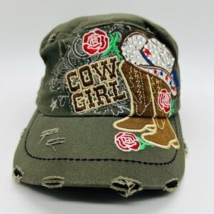 L.O.G.A. WOMENS CUTE ARMY GREEN DISTRESSED HAT WITH COWGIRL BLING ON FRONT